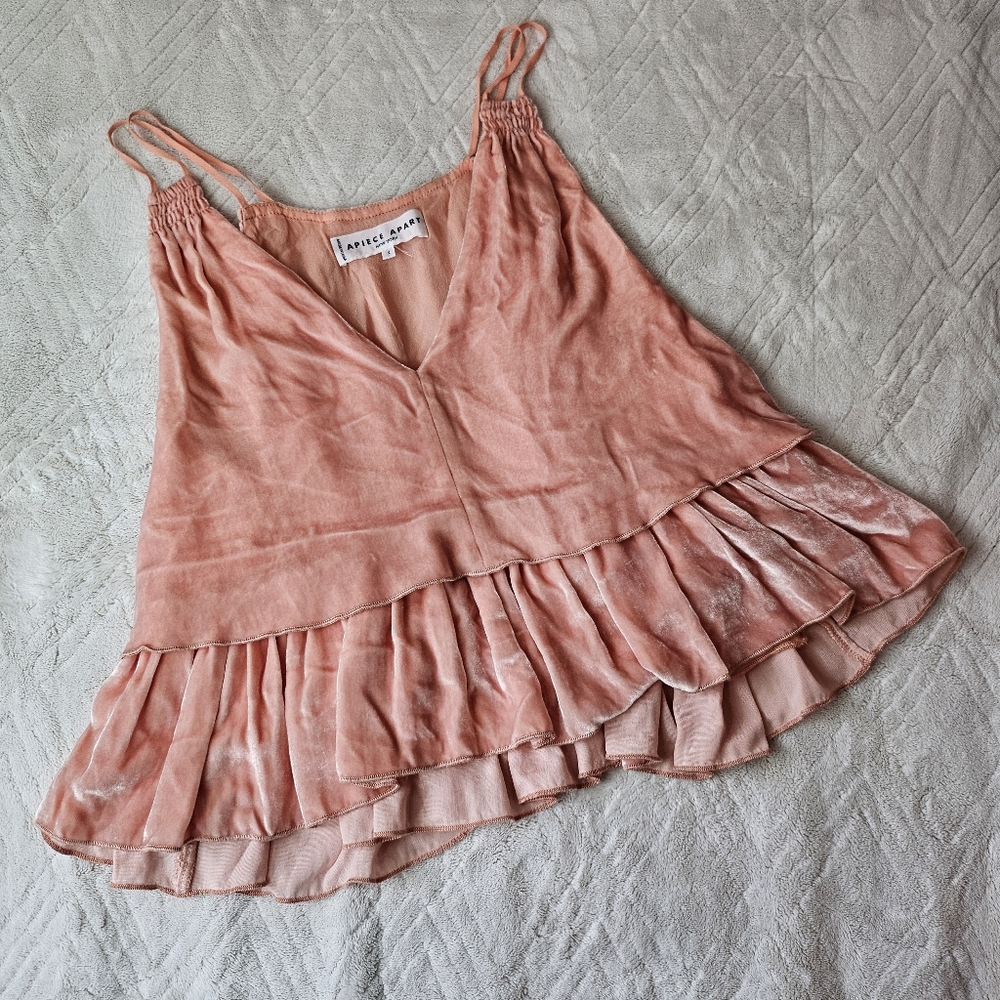 APIECE APART New York | Silk Blend Velvet Ruffle Blush Pink Tier Tank 2 - Picture 7 of 10